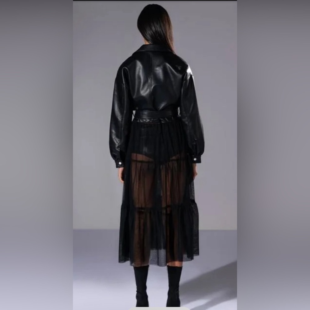 AKIRA Faux Leather & Sheer Chiffon Trench Coat Dress Black Sz S Edgy Gothic - Picture 8 of 12